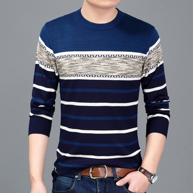 NB Fashion WTEMPO Heren Pullover Warme trui met lange mouwen Ronde hals Gestreepte trui Zacht en comfortabel shirt M
