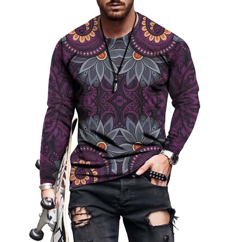 HerSight Heren lente- en herfst T-shirt met lange mouwen Heren losse ronde hals hoodie 3D-geprint bedrukte top met lange mouwen S