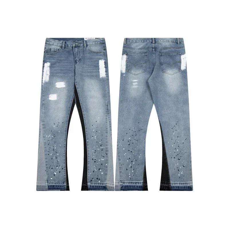GEMTIDE High Street Washed Jeans Retro Gepersonaliseerde Rechte Pijpen Splitsende Uitlopende Broek Trendy Denim Broek M
