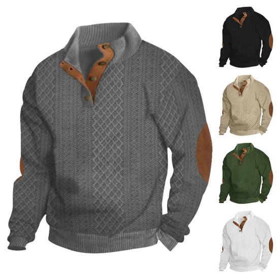 Western Cool Men Heren Sweatshirt met Elastische Manchetten Opstaande Kraag Lange Mouwen Patchwork Jacquard Los XXXL kaki