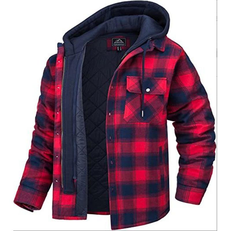 NB Fashion Heren Flanellen Overhemd Jasje met Afneembare Capuchon Geruite Gewatteerde Gevoerde Winterjassen Dikke Hoodie Buitenkleding Heren Fleece Overhemden M