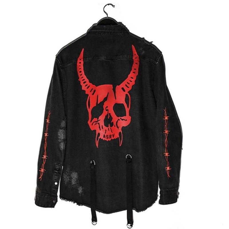 NB Fashion Demon Hunter Schedel Zwart Denim Jas Mannen Rock Punk Heavy Metal Sweatshirt Bretels Gat Streetwear M