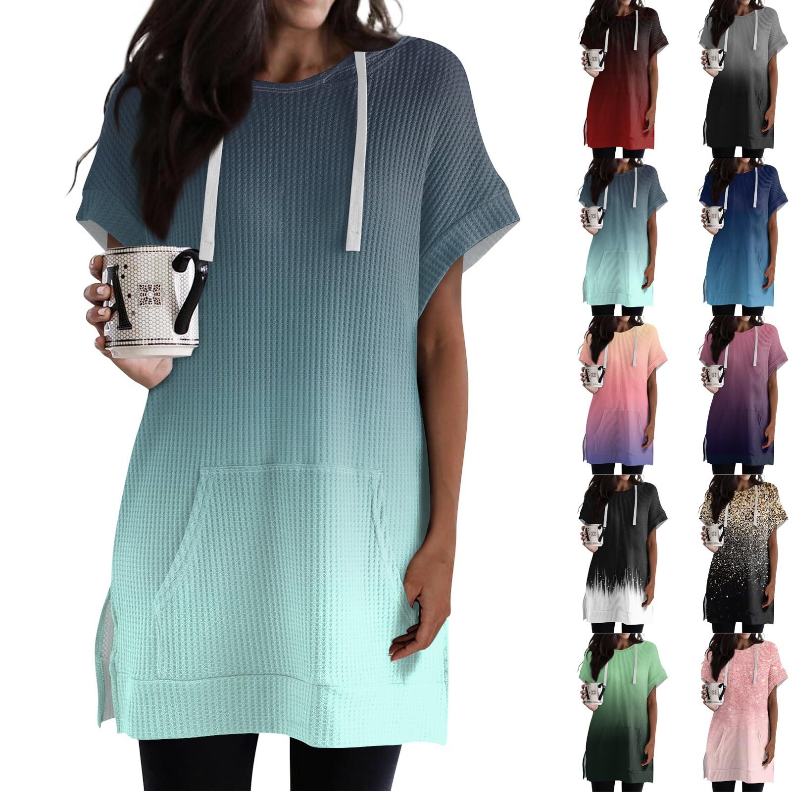 Linglong Losse shirts voor dames, bedrukt, korte mouwen, trekkoord, hoodies, gebreide tuniek met zijsplit, capuchontops met zak L zwart