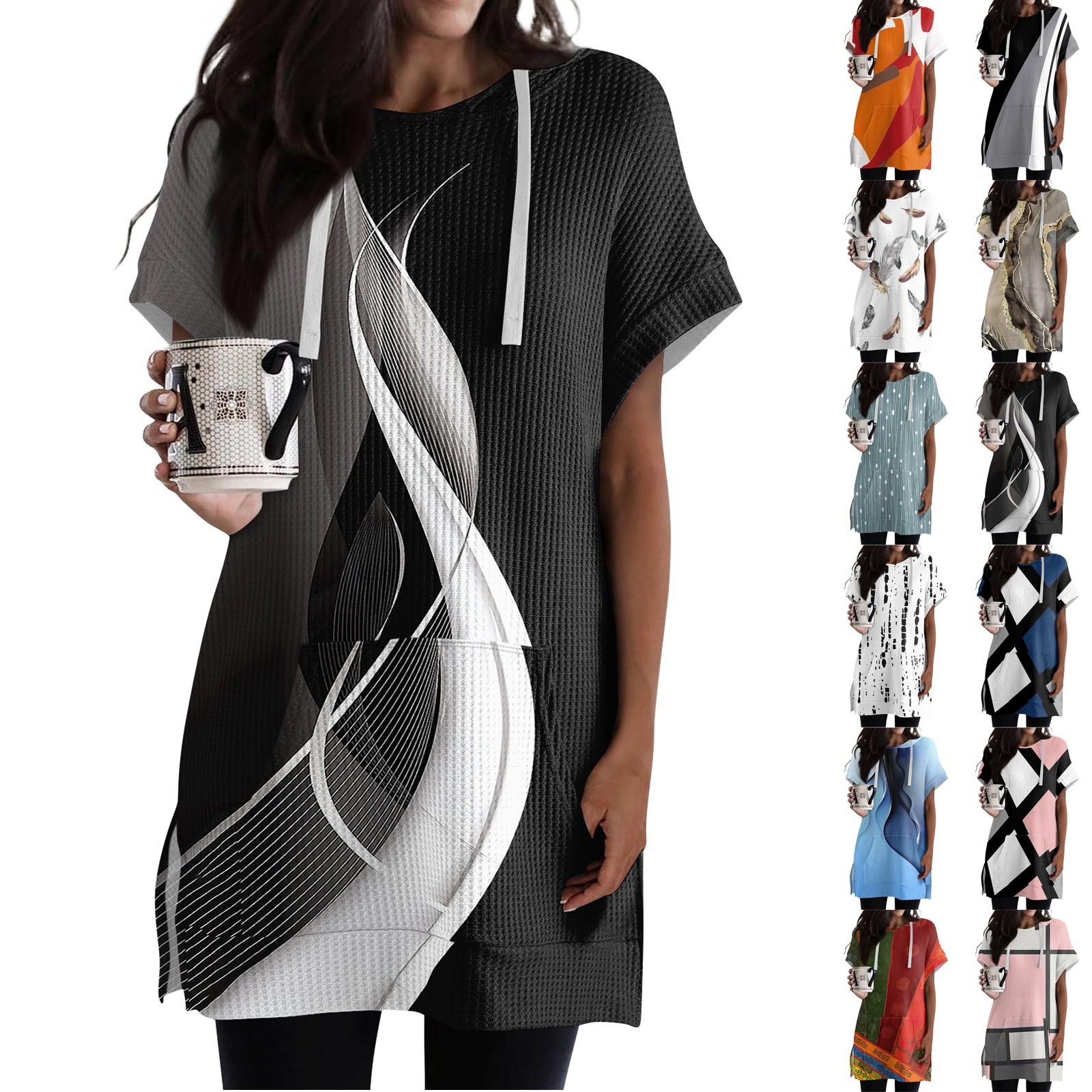Linglong Losse shirts voor dames, bedrukt, korte mouwen, trekkoord, hoodies, gebreide tuniek met zijsplit, capuchontops met zak L zwart