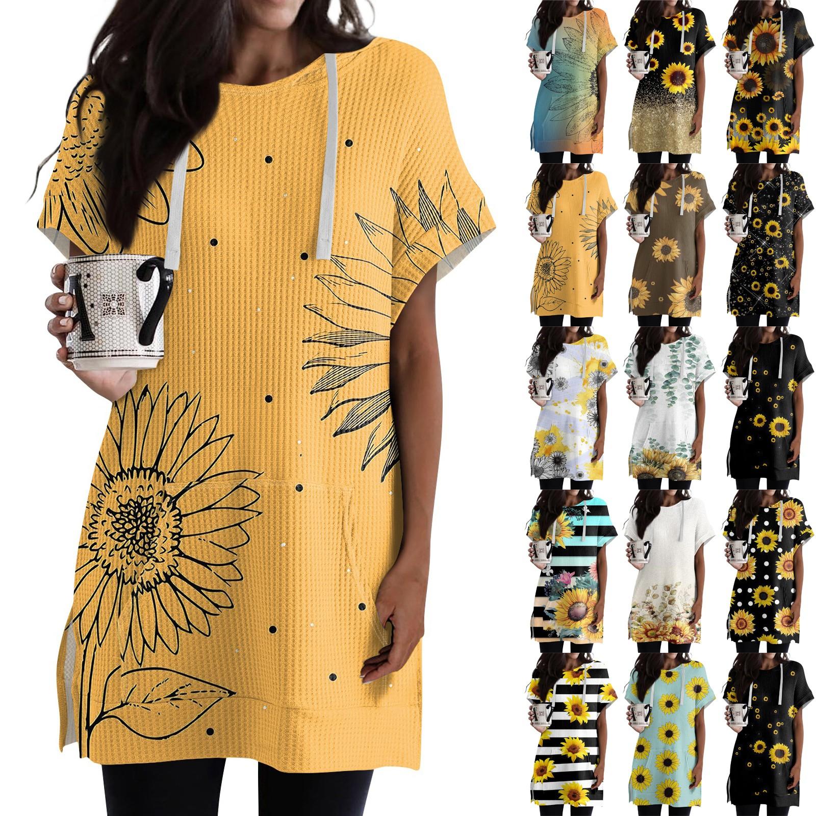 Linglong Losse shirts voor dames, bedrukt, korte mouwen, trekkoord, hoodies, gebreide tuniek met zijsplit, capuchontops met zak L beige