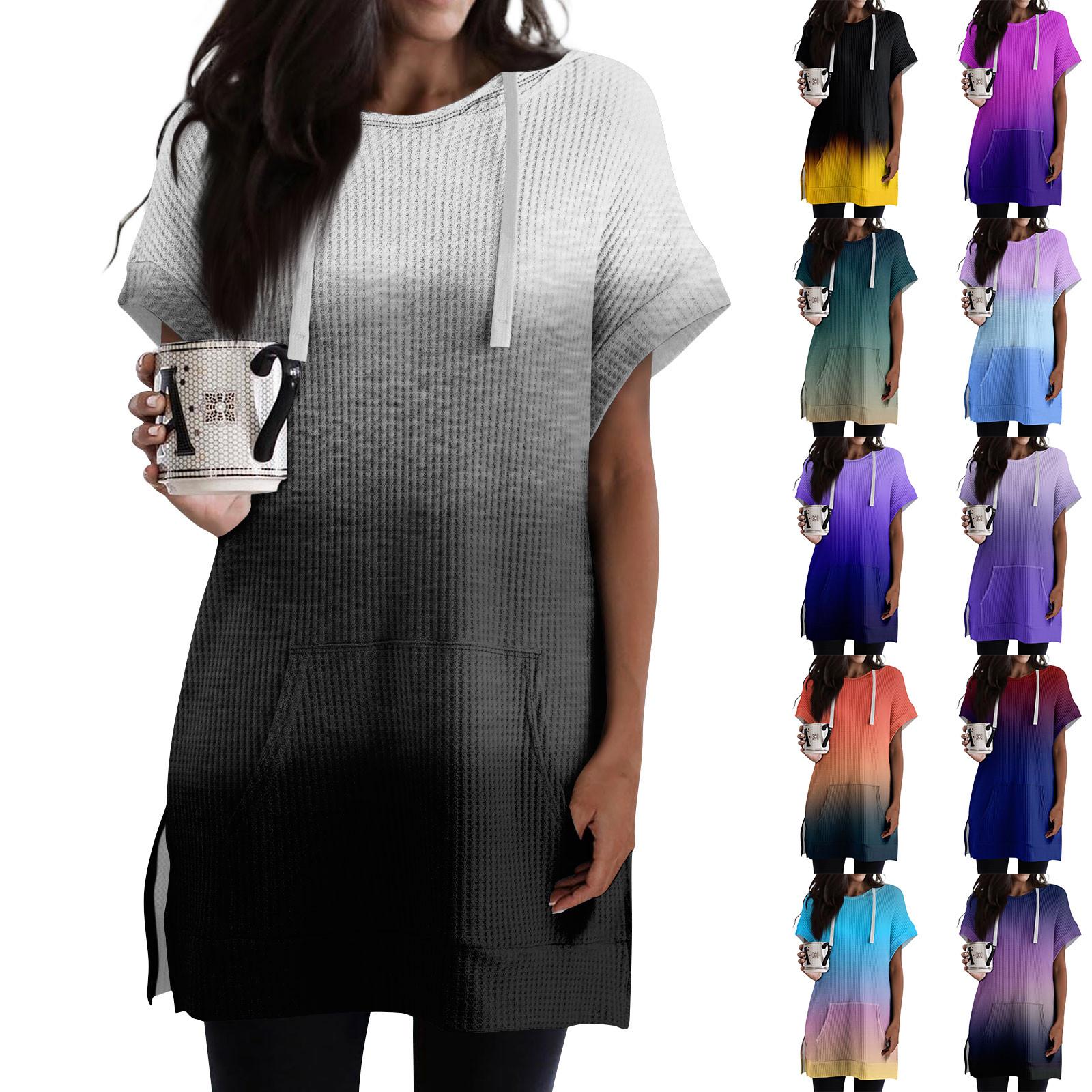 Linglong Losse shirts voor dames, bedrukt, korte mouwen, trekkoord, hoodies, gebreide tuniek met zijsplit, capuchontops met zak L zwart