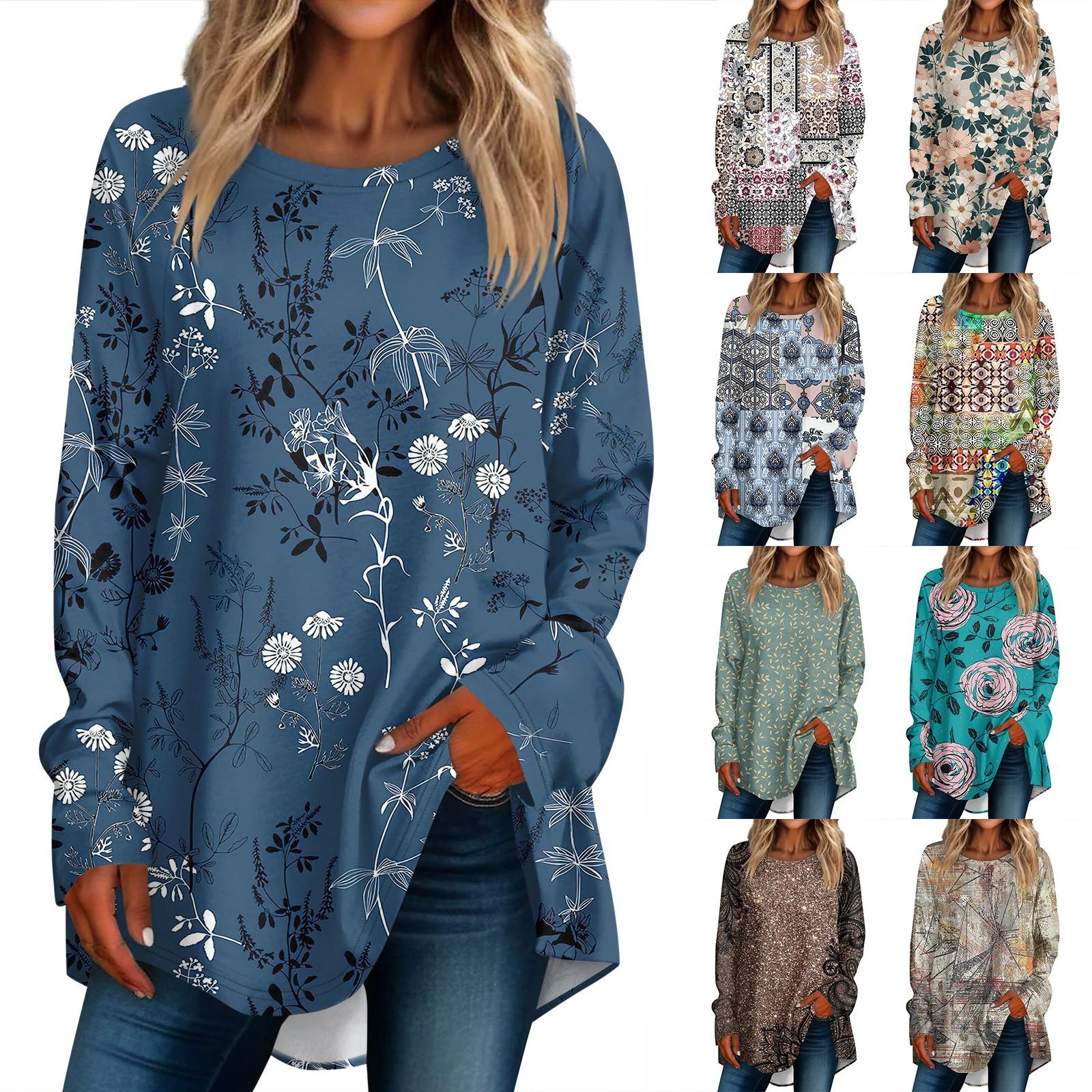 Linglong Dames Casual Plus Size Lange Mouwen Ronde Bedrukte T-shirt Top Pullover XXL bruin