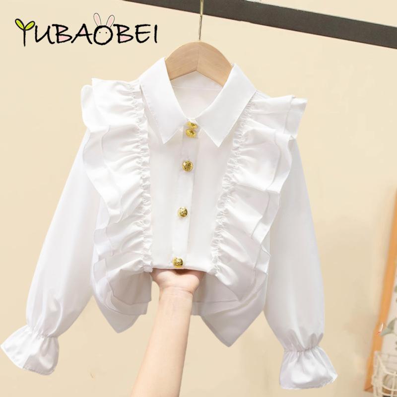 YUBAOBEI Peuter Kinderen Meisjes Wit Shirt Lange Mouw Kant Meisjes Tops Studentenuniform Blouse Kinderkleding 150 wit