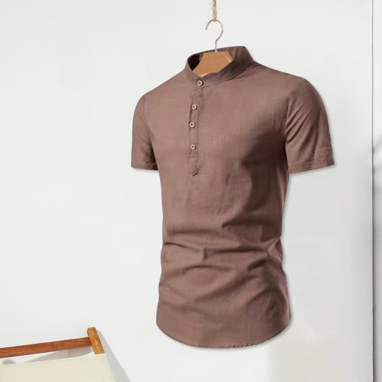 PLUM LAI Herenoverhemd Effen Kleur Slim Fit Opstaande Kraag Korte Mouwen Zacht Lichtgewicht Trui Knoop M wit