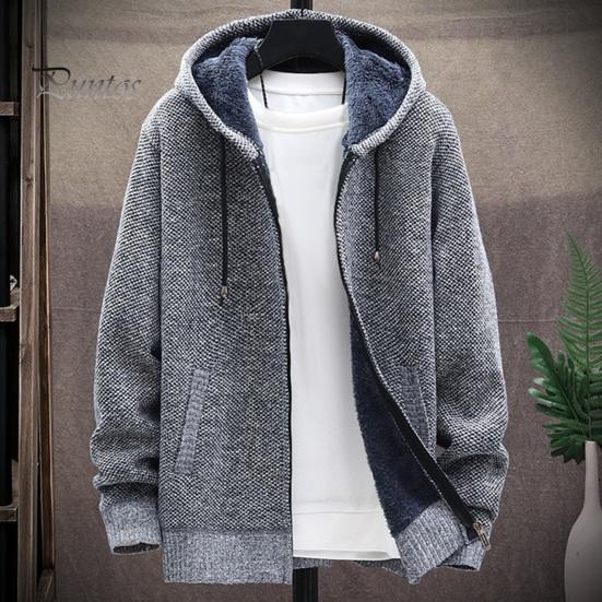 DILLER Winterjas voor heren, verdikt fleece, capuchon, trekkoord, ritssluiting, lange mouwen, trui, jaszakken, elastische manchetten, retrogebreid, dagelijks te dragen, buitenkledingjas L koffie