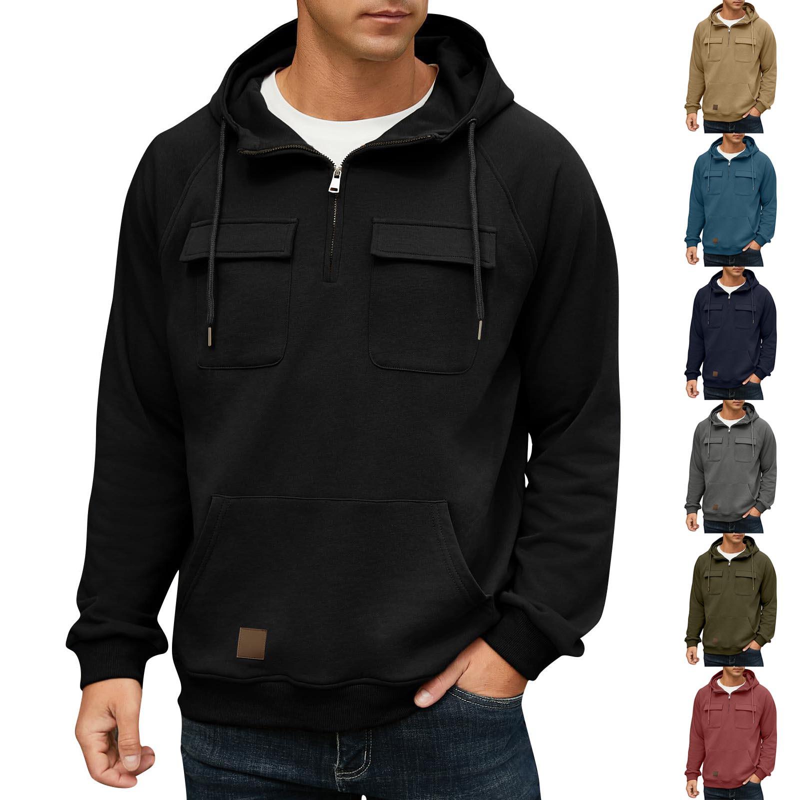 Jiangnan C Effen kleur herensweater met capuchon, Europese en Amerikaanse jeugdsport leren trui met meerdere zakken en patch L kaki