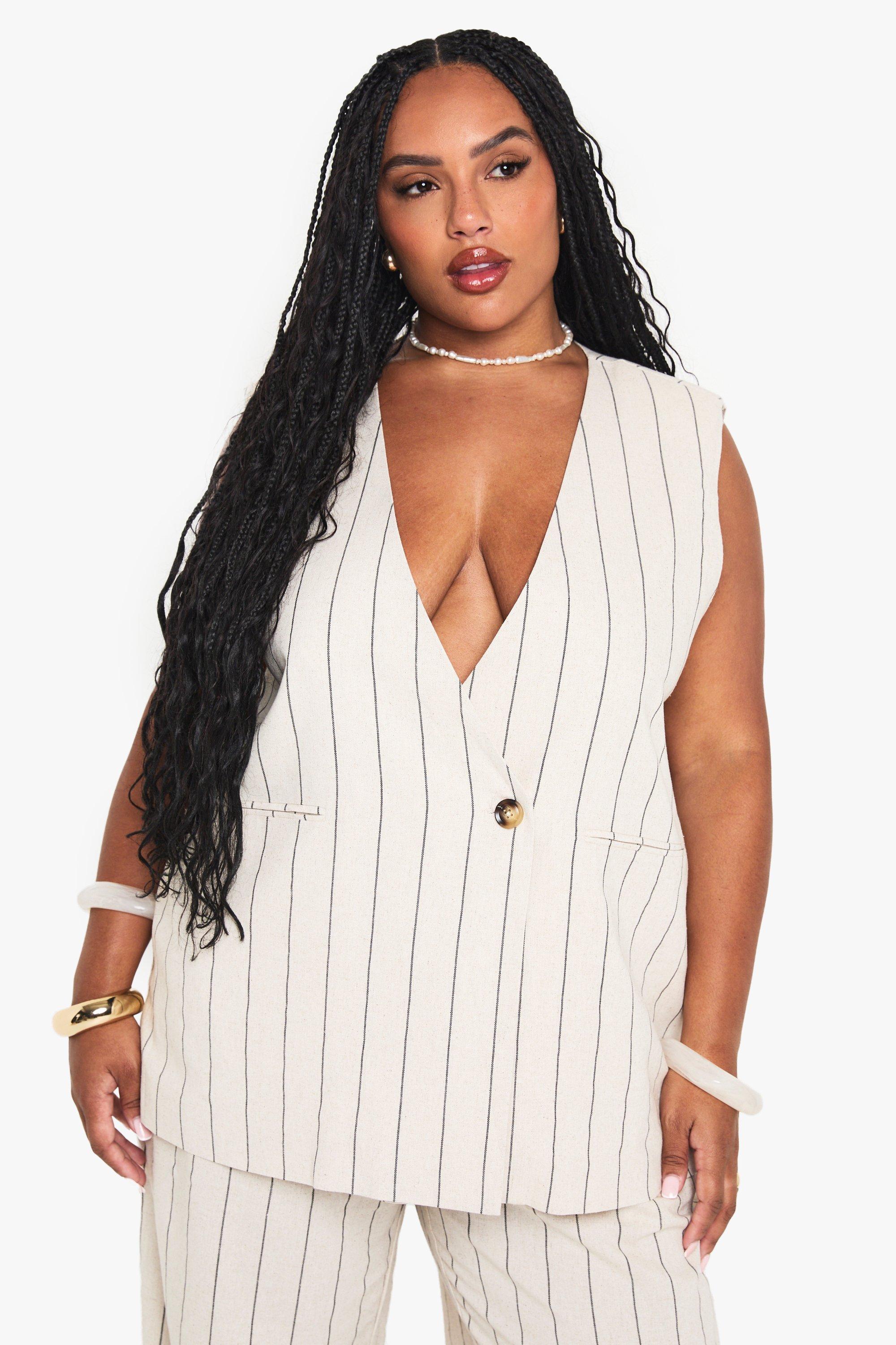 Boohoo Plus Mouwloze Gestreepte Blazer, Cream