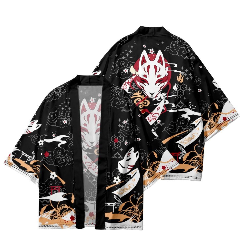 Sivia Fox Printed Kimono Heren Dames Cardigan Haori Yukata Japans Shirt Kleding XS zwart
