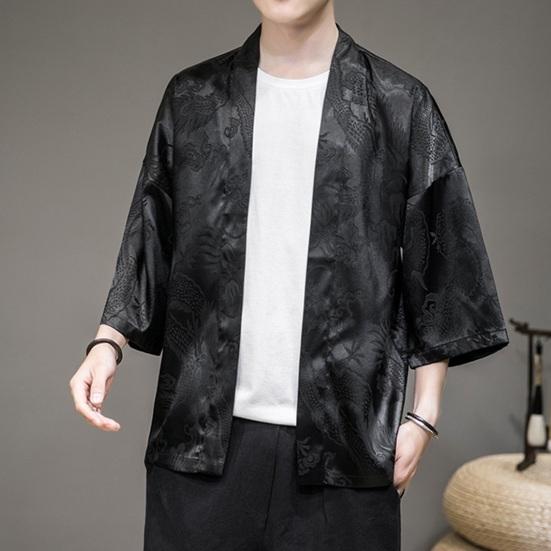 PLUM LAI Herfst Heren Shirt Vintage Chinese IJs Zijde Cardigan Draak Patroon Stijl Plus Size Losse Lange Mouwen Zonnebrandcrème Sjaal M zwart