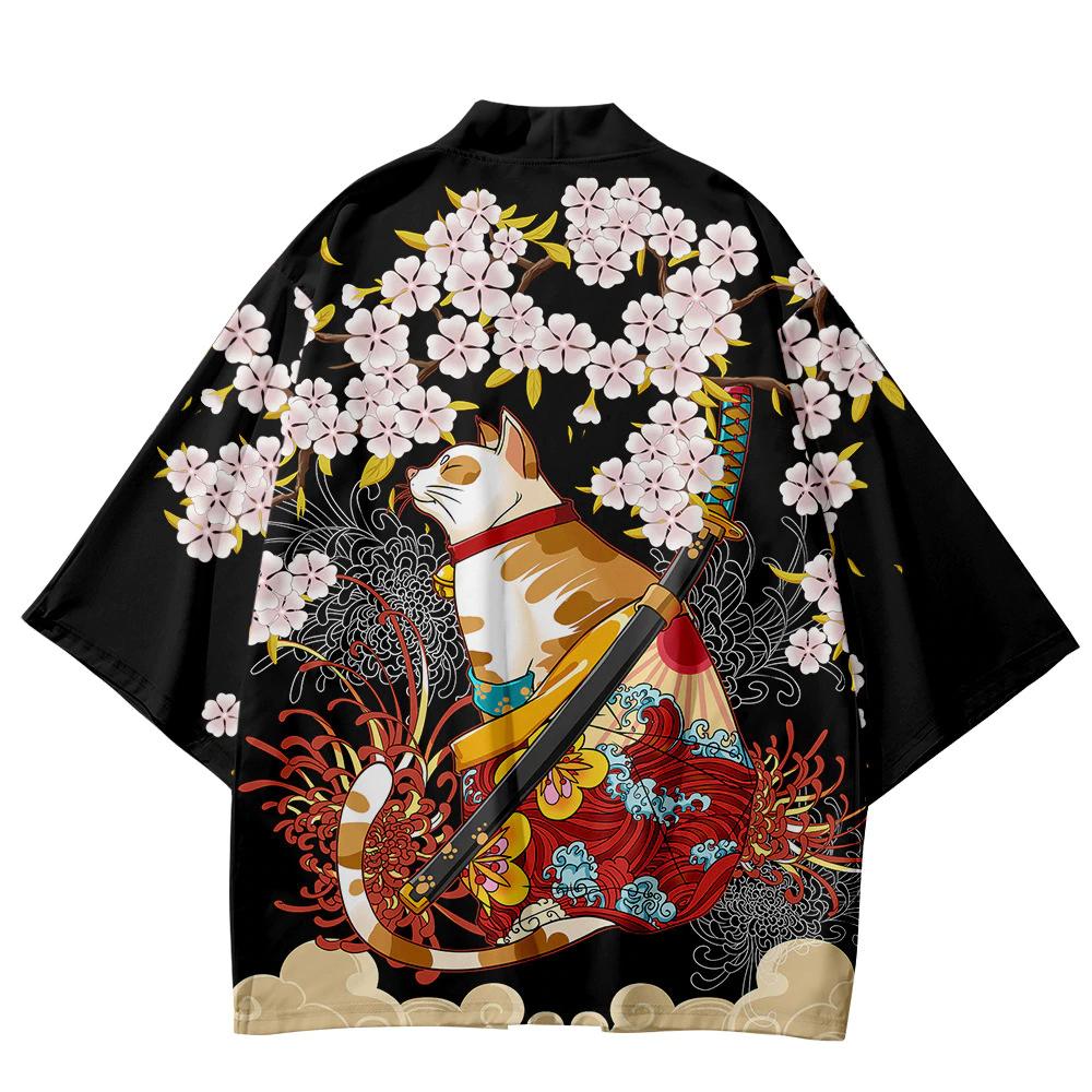 Danmo Japanse Kimono Yukata Samurai Kimono Man Kat Print Shirt Kleding Harajuku Vest voor MannenTraditionele Haori Kimono XXXXXL zwart