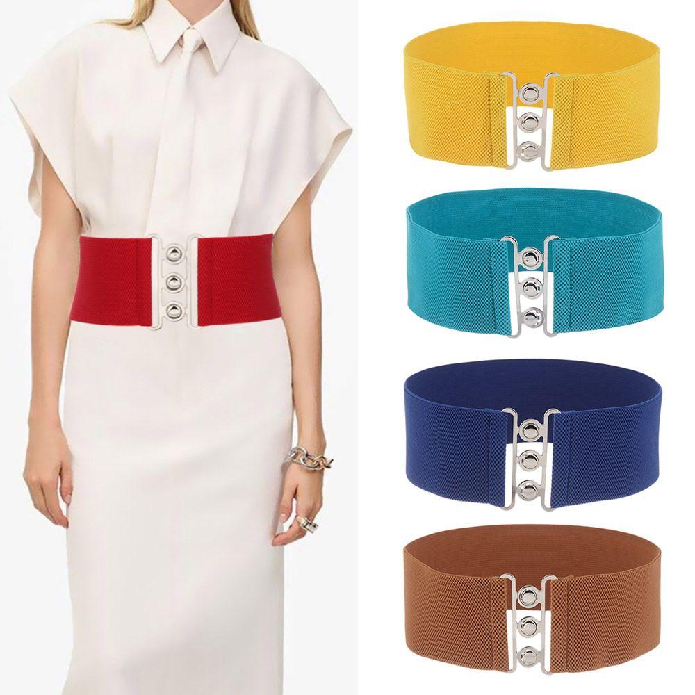 Lebucang Vrouwen Casual Cinch Brede Elastische Riem Jurk Cummerband Tailleband Metalen Gesp Tailleband bruin