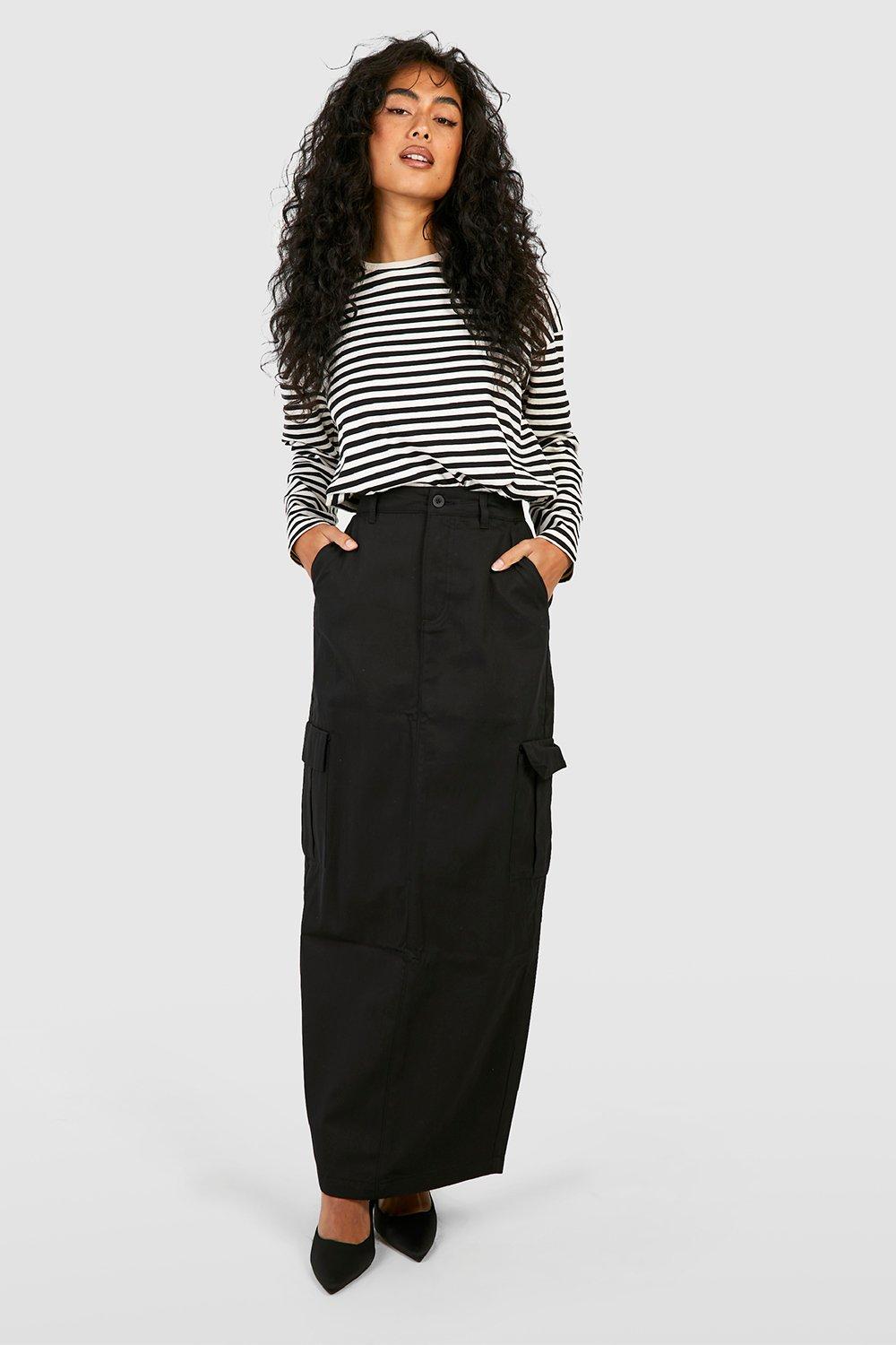 Boohoo Keperstof Cargo Midaxi Rok Met Hoge Taille, Black