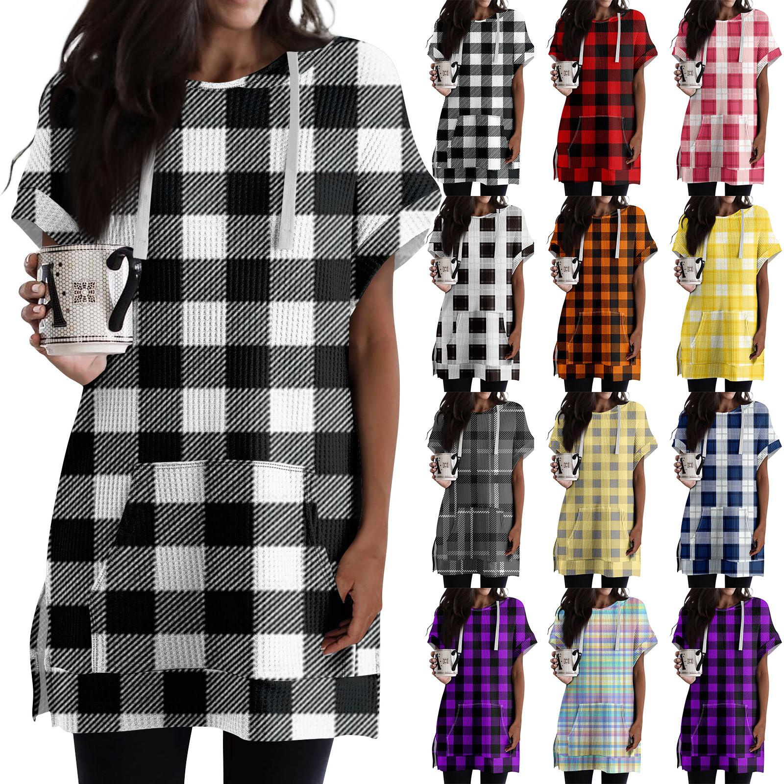 Linglong Losse shirts voor dames, bedrukt, korte mouwen, trekkoord, hoodies, gebreide tuniek met zijsplit, capuchontops met zak XXXL Vloot