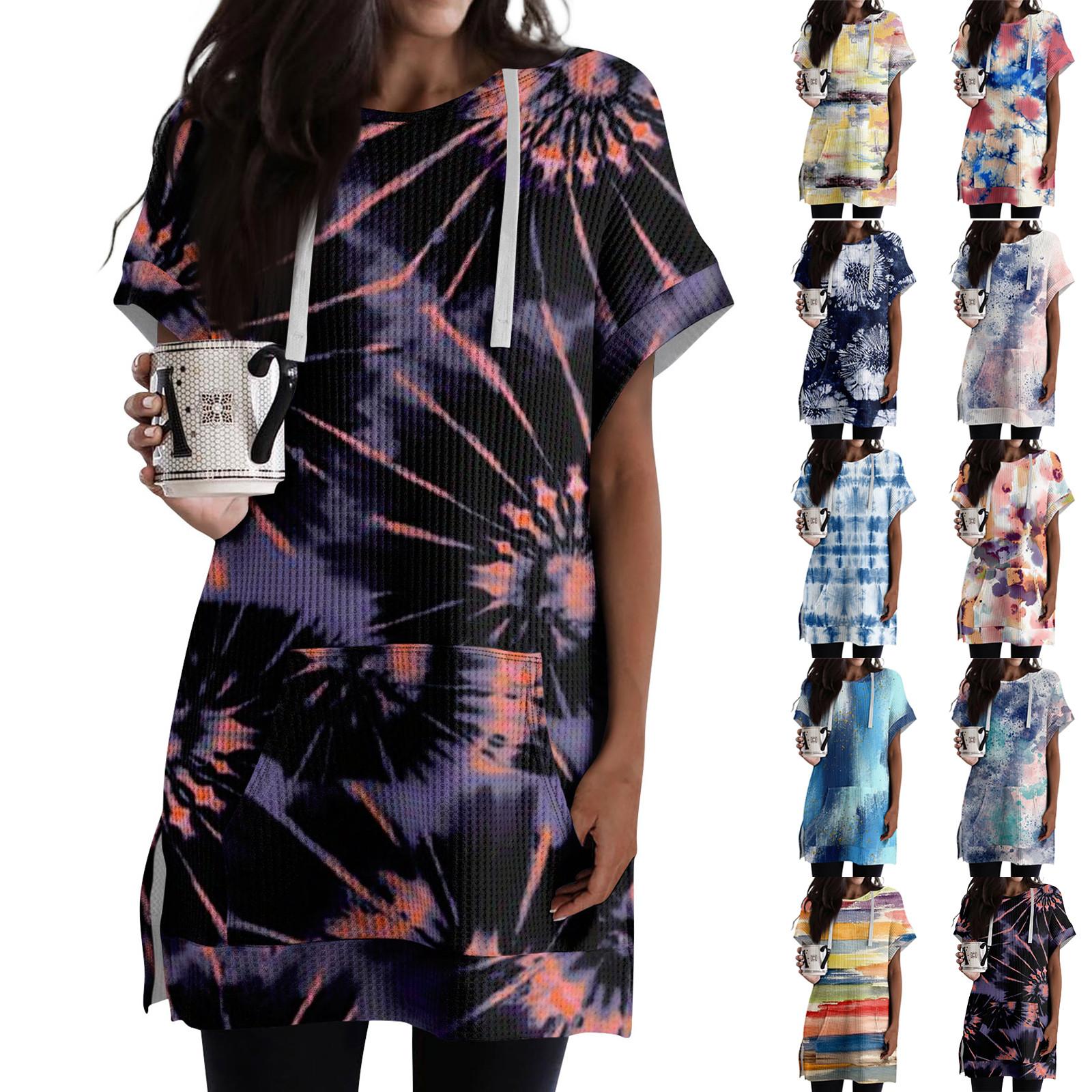 Linglong Losse shirts voor dames, bedrukt, korte mouwen, trekkoord, hoodies, gebreide tuniek met zijsplit, capuchontops met zak M zwart
