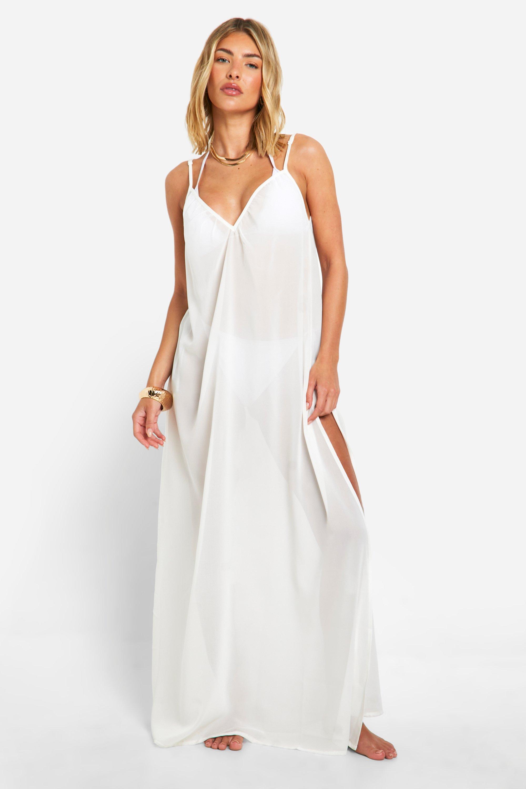 Boohoo Chiffon Maxi Strand Jurk Met Bandjes, White
