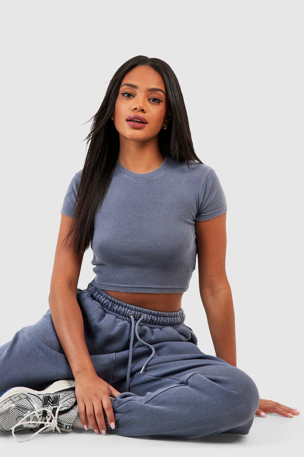 Boohoo Gebleekte Geribbelde Getailleerde Top Met Korte Mouwen, Denim-Blue