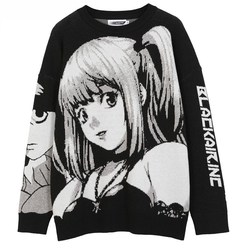 NICE2CU Heren hiphop streetwear harajuku death note trui retro Japanse stijl anime meisje gebreide trui herfst trui M zwart