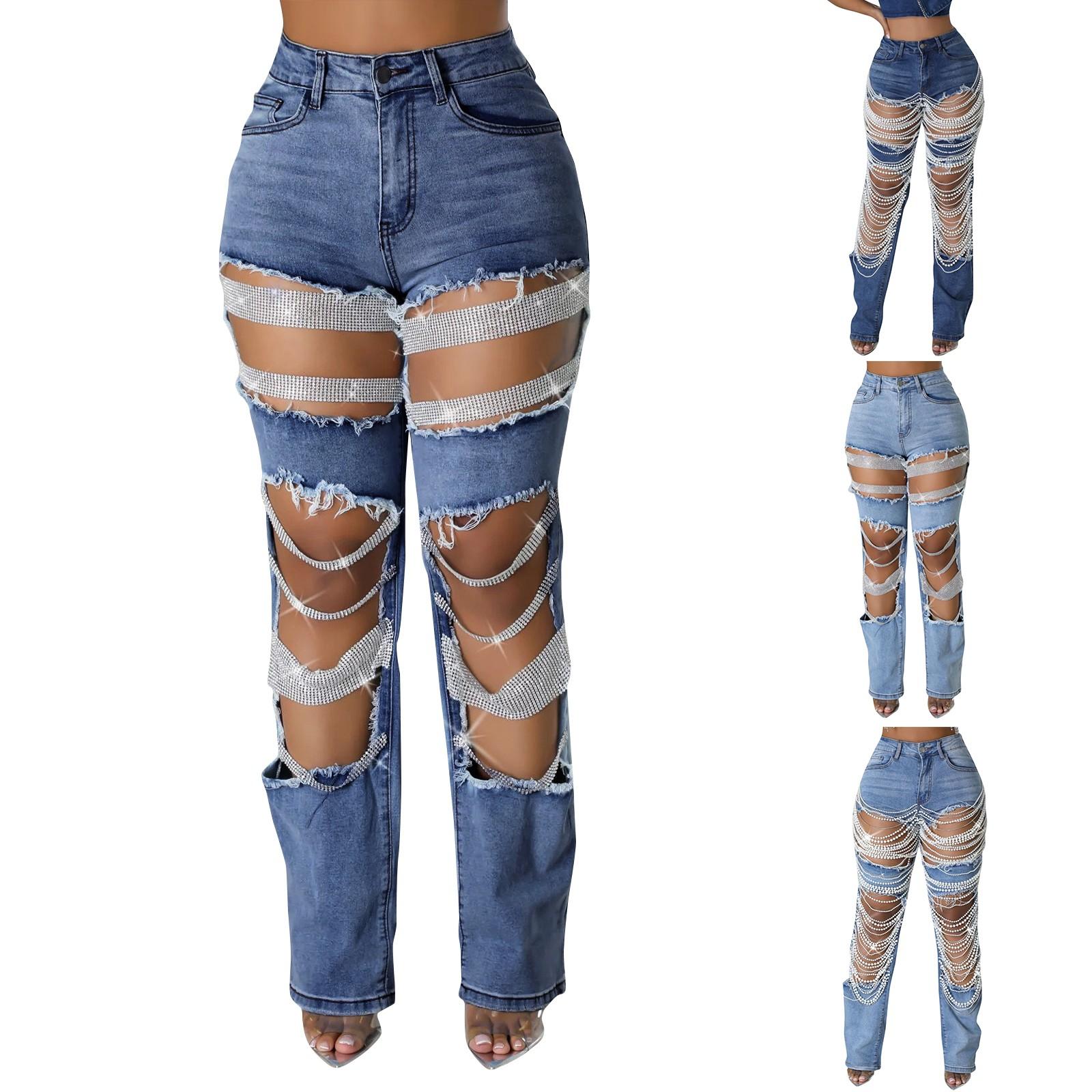 Baby cheetah Gebroken gat zware industrie spijkerkraal elastische jeans broek voor vrouwen L blauw