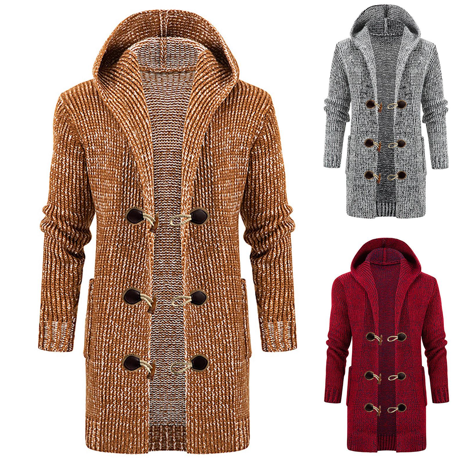 Ren Sexy Toy Heren effen gebreide jas met capuchon, lang windjack, knoopvest, middellange trui XXL
