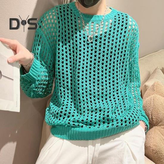 Eyouth Mannen holle top mesh visnet effen kleur ronde hals losse lange mouw clubwear hiphop doorzichtige elastische trui feesttop 2XL сyaan