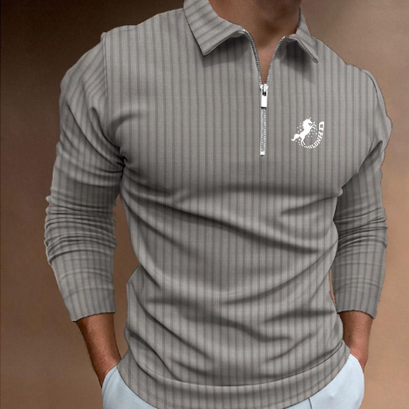 NB Fashion Heren Casual Lange Mouw Rits Gestreept Poloshirt. S