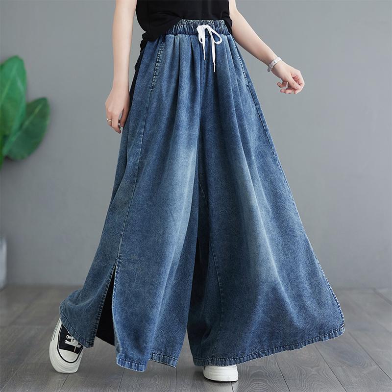 Dimanaf 2024 Zomer Plus Size Dames Jeans Lange Broeken Basic Broeken Losse Wijde Pijpen Broek Casual Effen Blauw Grote Maat L blauw