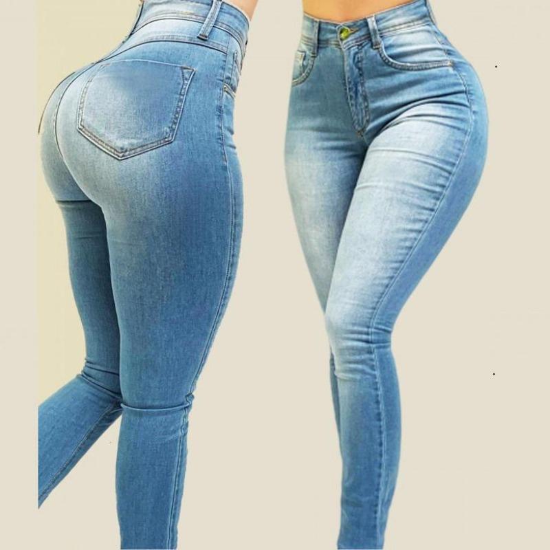 WomWear Dames hoge taille denim jeans stretch skinny potloodbroek dames slanke vormgevende jeans plus maat S lichtblauwe kleur