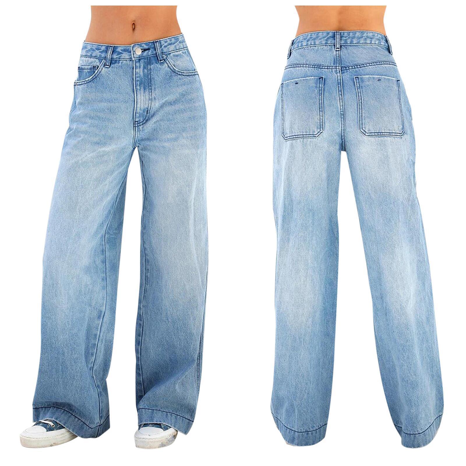 Mysterious Gift Dames Jeans Hoge Wijde Pijpen Gradiënt Ritssluiting Knoopsluiting Taille Zakken Kleur Retro Los Kleurvast XXL blauw