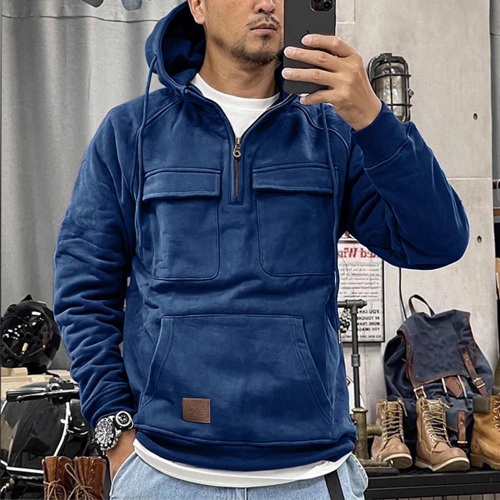 Stylish Man-2 Effen kleur herensweater met capuchon, Europese en Amerikaanse jeugdsport leren trui met meerdere zakken en patch M donkergrijze kleur