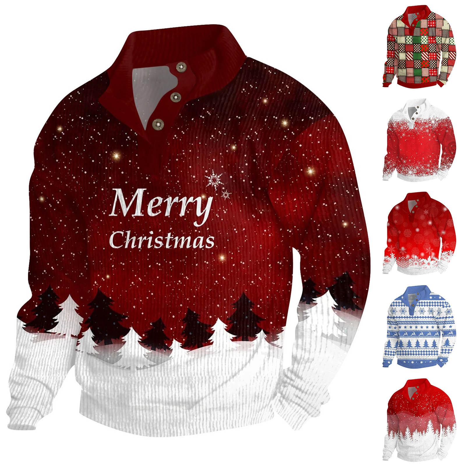 Linglong Heren Kerst Katoenen Pullover Lange Mouw Outdoor Shirt Vintage Corduroy Knoop Stand Kraag Shirt Casual Sweatshirt Kerst Print Top XXL wijn
