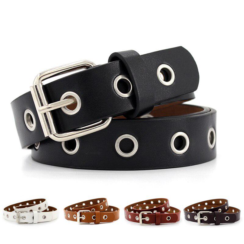 WomWear Dames lederen riem ronde metalen pingesp cirkelriem mode rij doorvoertule riem zwart