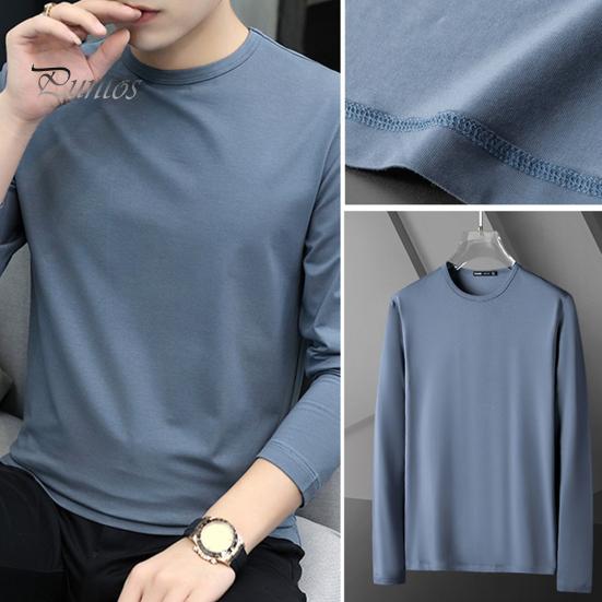 SOUTONG Lente Herfst Heren Fitness Top Slim Fit Ronde Hals Rekbaar Lange Mouwen Effen Kleur Pullover Fitness Sport Top Winter Bottoming Kleding L marineblauwe kleur