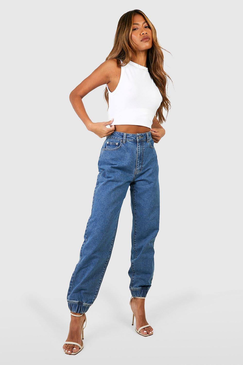 Boohoo Basic Denim Boyfriend Joggingbroek Met Hoge Taille, Mid Blue