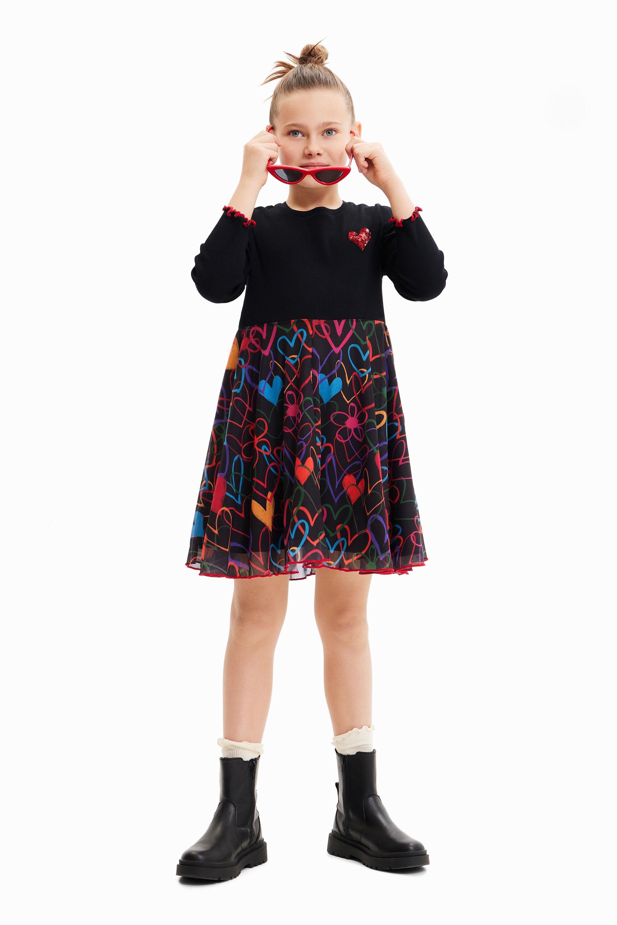 Desigual Korte gecombineerde jurk met harten - BLACK