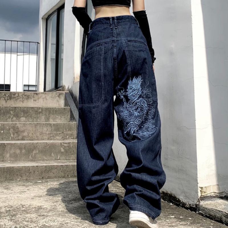 Gather in the world Amerikaanse retro straat losse geborduurde jeans met rechte pijpen dames 2021 nieuwe casual all-match hoge taille dweilen wijde pijpen broek S blauw