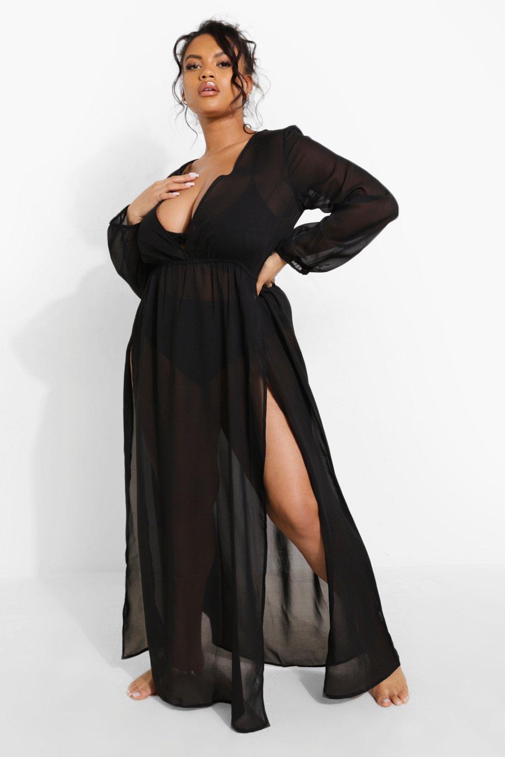 Boohoo Plus Chiffon Strand Kaftan Met Split, Black