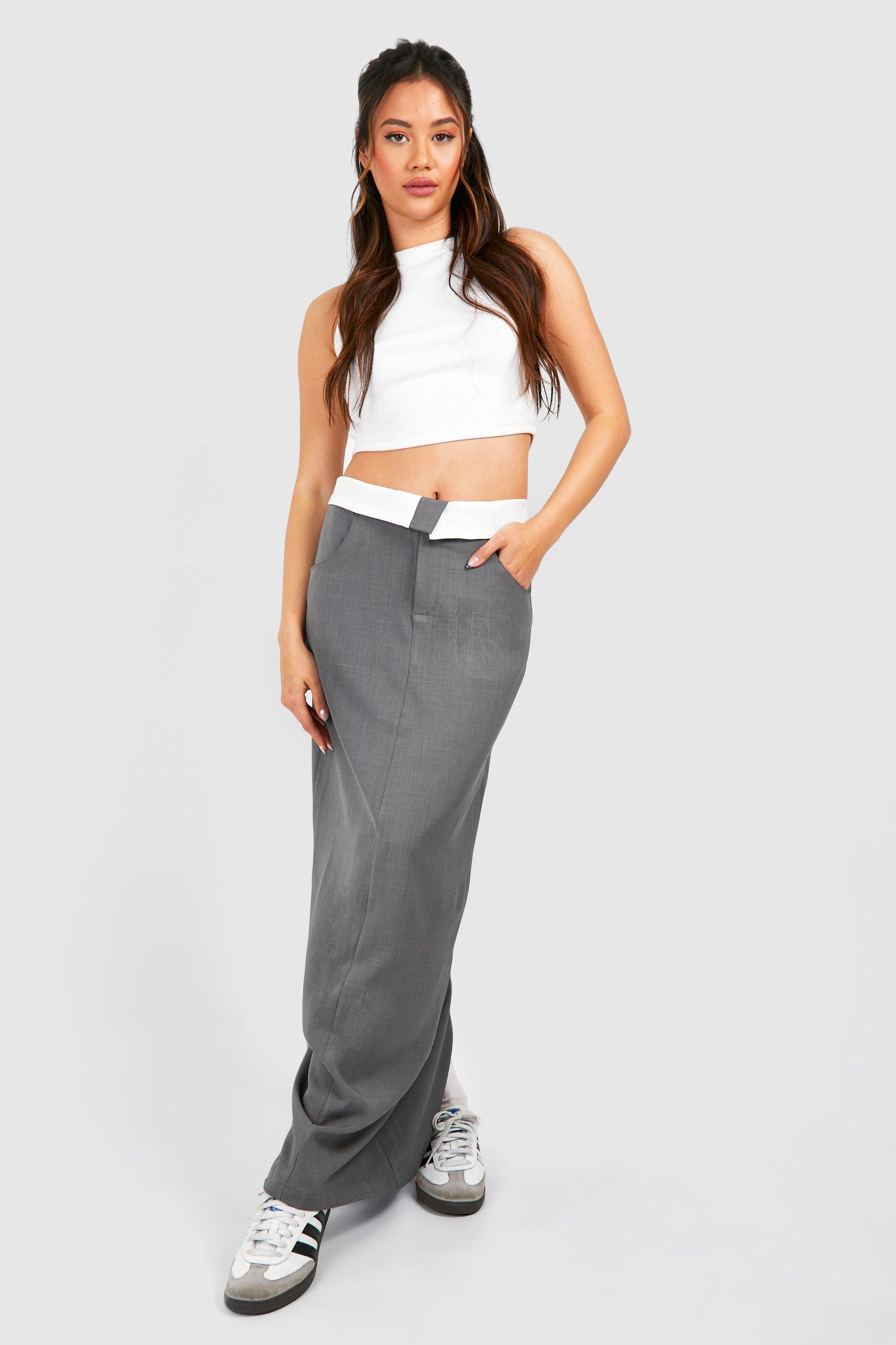 Boohoo Mergel Maxi Rok Met Tailleband Detail, Grey