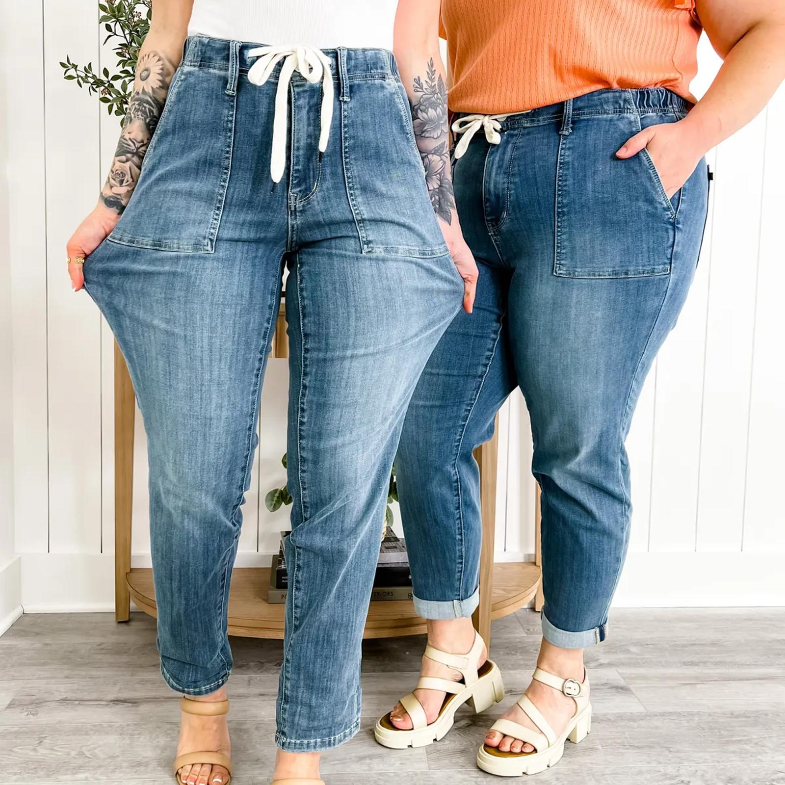 ZuiBaDuDu Dames pull-on joggingbroek met trekkoord, casual jeans voor dames, casual rechte broek L blauw
