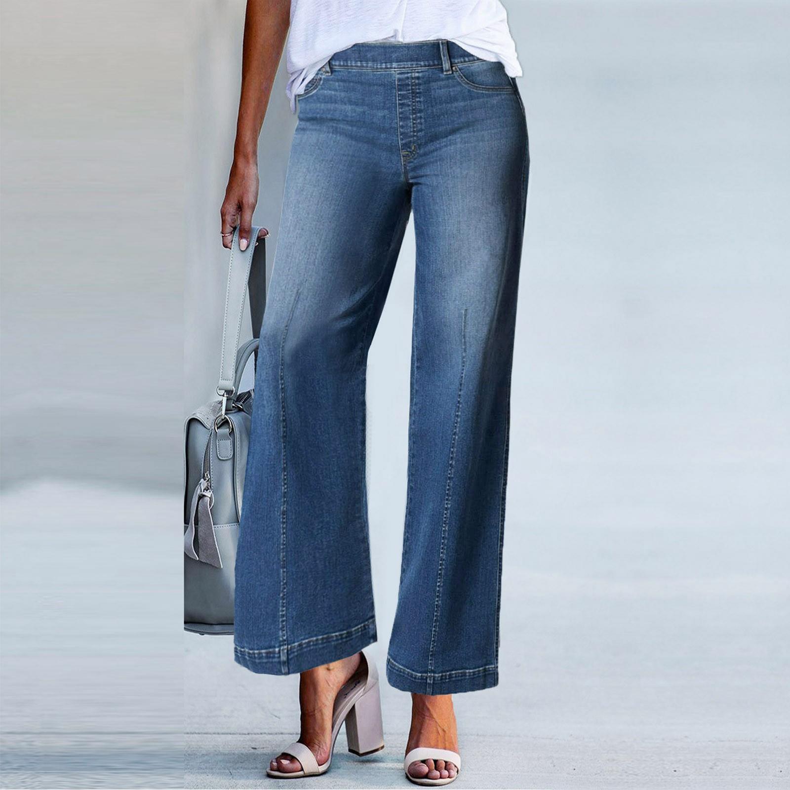 YiGeiWoLiGiaoGiao Vrouwen Naad Voorkant Wijde Pijpen Jeans Elastische Taille Stretch Denim Flare Jeans Hoge Taille Jeans Bell Bottom Cropped Broek L blauw
