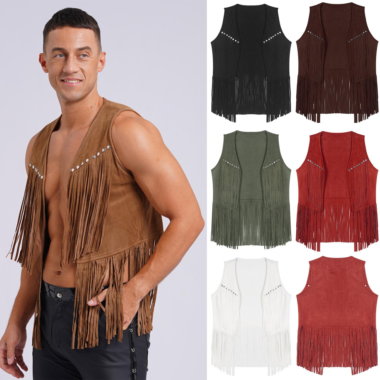 IEFiEL Heren Western Cowboy Vintage Faux Suede Kwastjes Vest Tops Open Voorkant Klinknagels Fringe Vest Jas Festival Rave Party Clubwear M