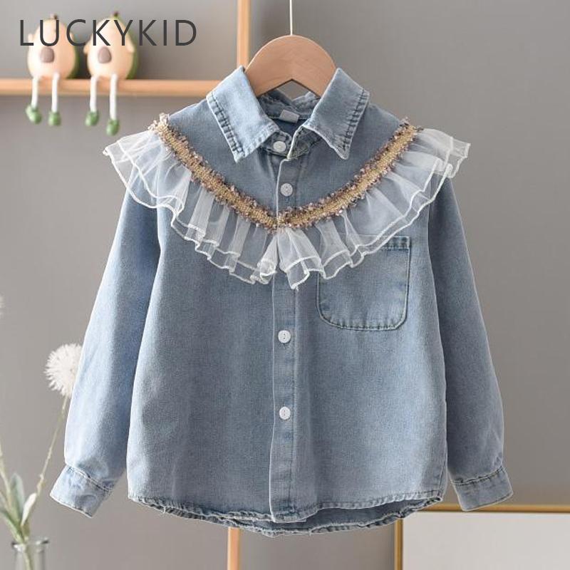 Youth Charm Denim shirts voor kinderen Babymeisjes Lente Kant shirts Modekleding Herfst Meisjes Tops Lange mouwen Kinderkleding voor 3-14Y 130 blauw