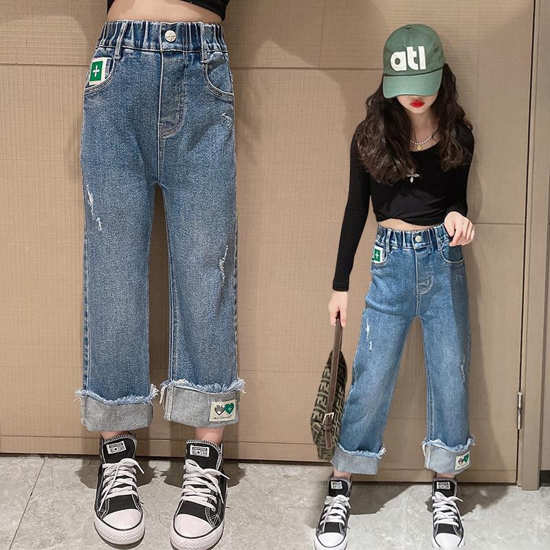 Youth Charm Herfst Nieuwe Meisjes Mode Jeans Kinderen Wijde Pijpen Broek Broek Kinderkleding 120 blauw