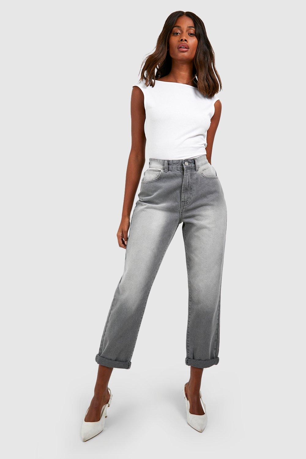 Boohoo Slim Fit Mom Jeans Met Gevouwen Zoom, Grey