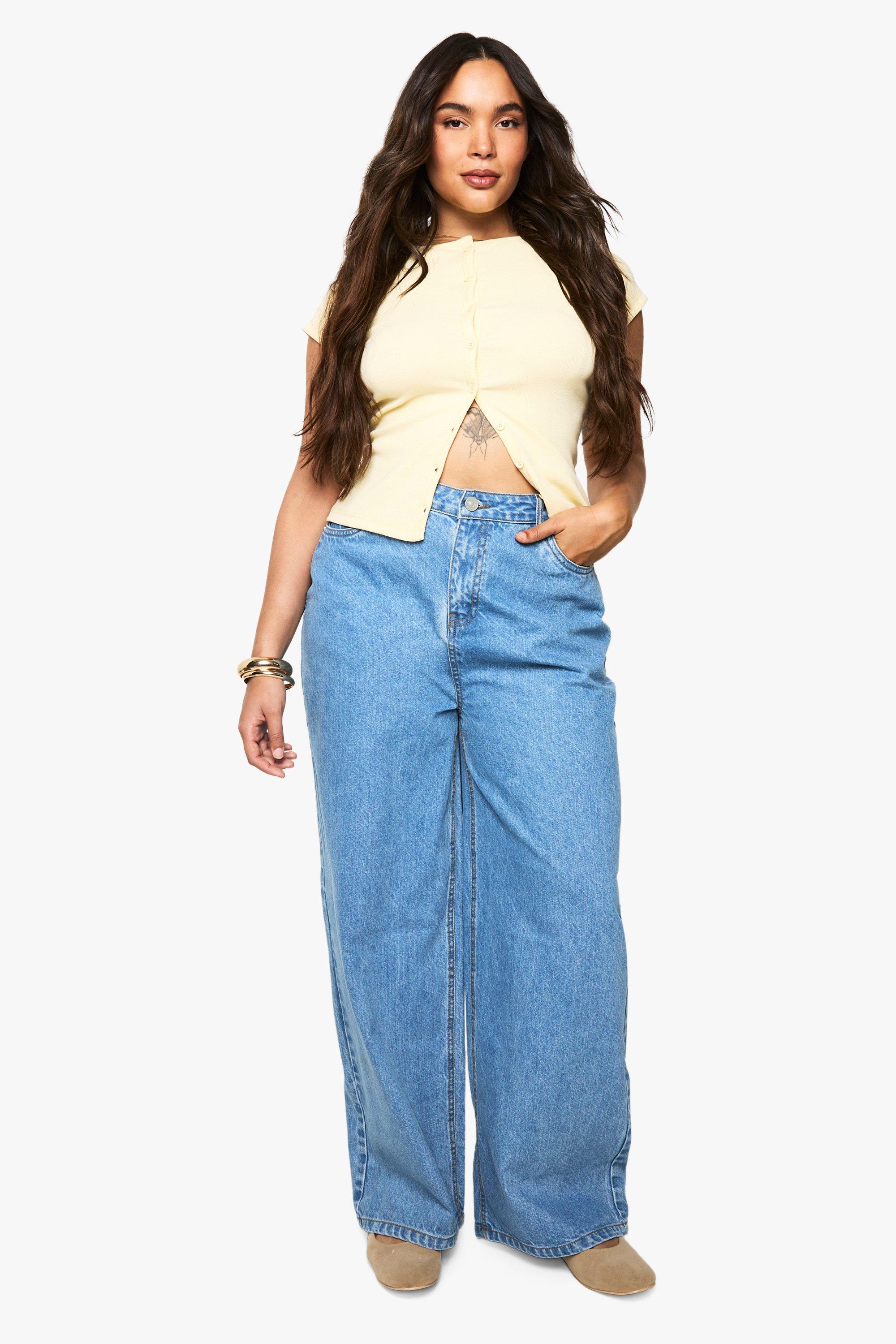Boohoo Plus High Waist Booty Boost Wide Leg Jeans, Mid Blue