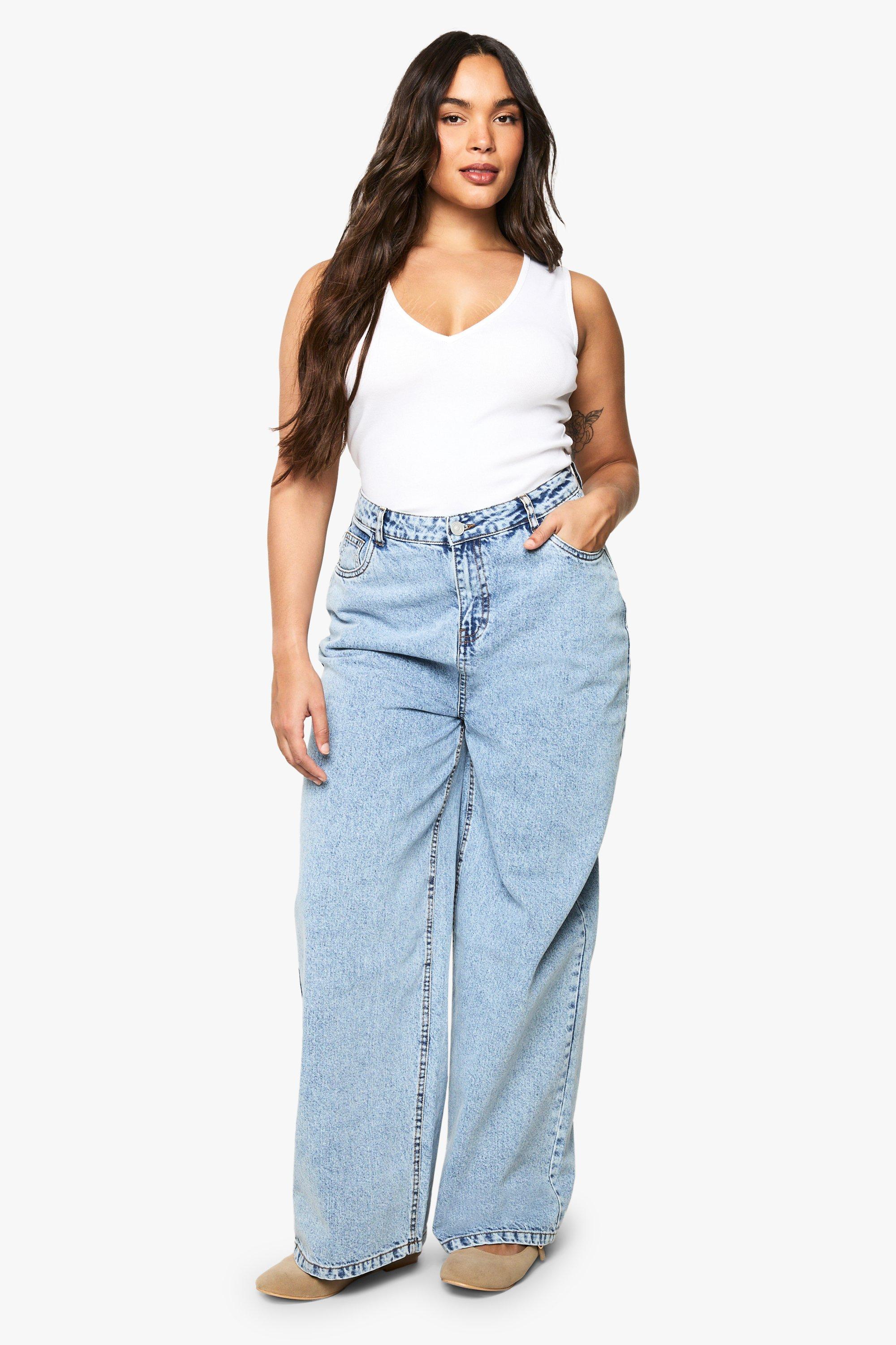 Boohoo Plus High Waist Booty Boost Wide Leg Jeans, Light Wash